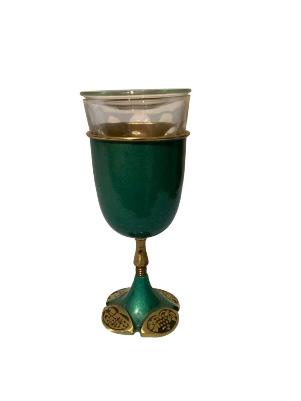 Vintage Brass And Enamel Kiddush Cup With Glass Insert And Top